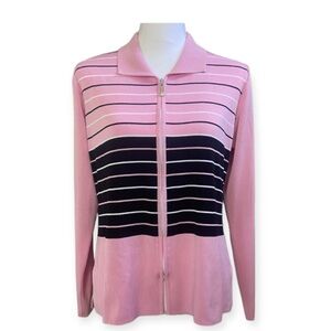 Exclusively Misook Pink Black Stripe Zip Acrylic Sweater Small